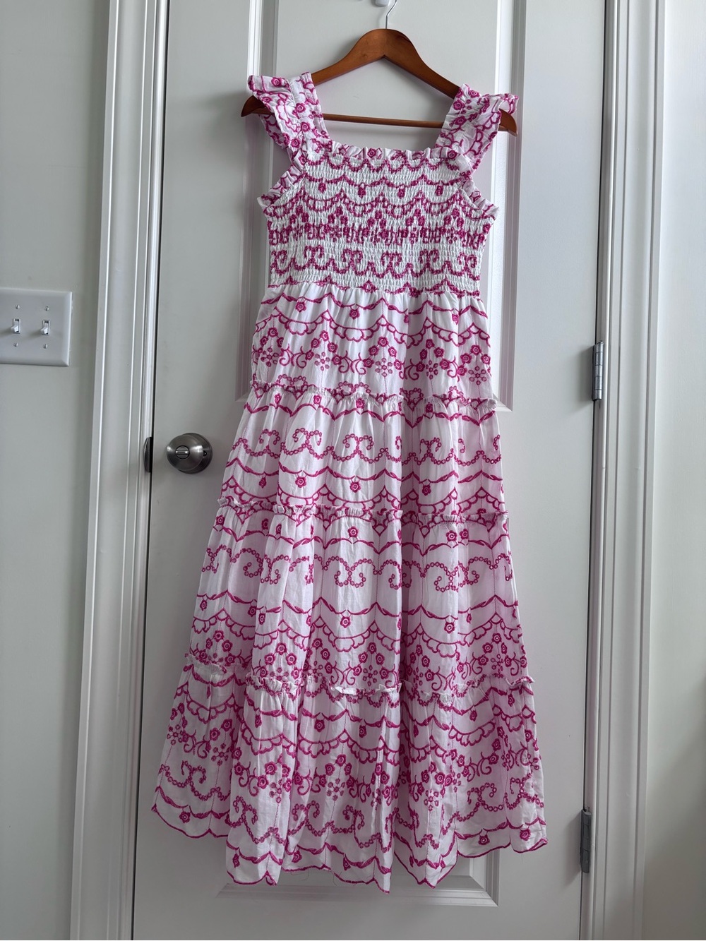 Rare Editions White Dress with Pink Embroidered Pattern